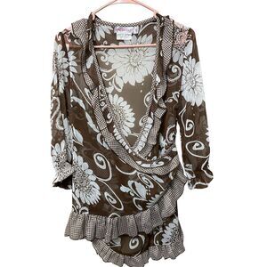 Poise NWOT Brown Flower Ruffle Wrap Front Tie Beach Top Size Medium